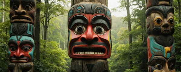 Colorful tribal masks adorn wooden totem poles set against rich green forest background. Intricately carved sculptures represent indigenous culture, heritage, storytelling. Vibrant colors, rustic