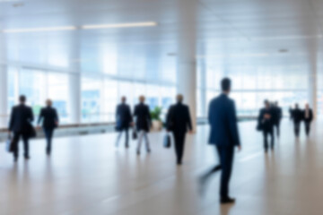 Fototapeta premium business people walking in the corridor of an business center, pronounced motion blur, crowded bright modern light office movement defocused. office background busy. talking and rushing in the lobby.