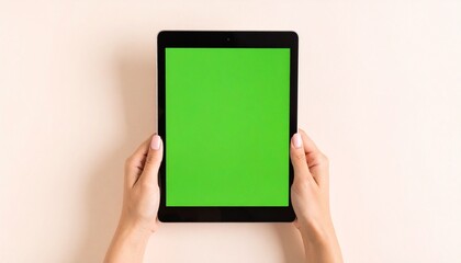 Woman's Hands Holding Black Tablet with Green Screen Display on Beige Background