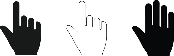 Hand icons with pointing finger and open palm in solid and outline styles, gesture symbol, click, select, tap vector design