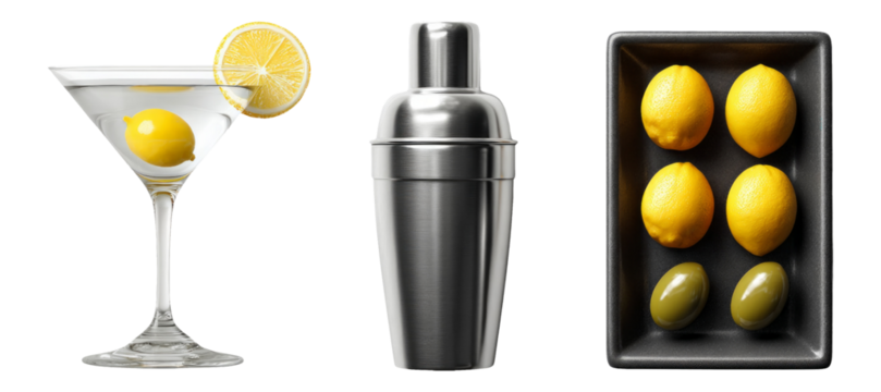 Isolated Cocktail Glass with Lemon Slice, Metal Shaker, and Olive Tray on Transparent Background - Powered by Adobe