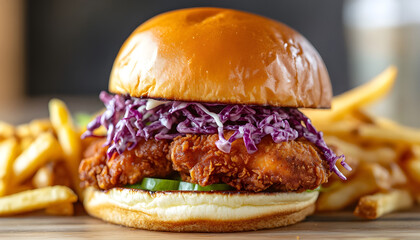 A Nashville hot chicken sandwich with purple slaw and fries