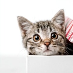 Curious kitten peeking out from a box with wide eyes.