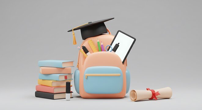 Cute cartoon backpack filled with school supplies and graduation cap