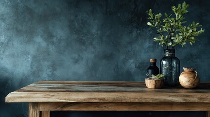 wooden table and dark wall.