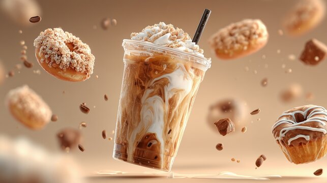 iced pumpkin spice latte with pastries floating in warm autumn background