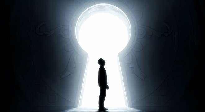 Silhouette of a person standing in front of a massive glowing white keyhole, representing new opportunities and the future.