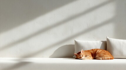 fat orange cat sleeping peacefully on white couch in sunlight