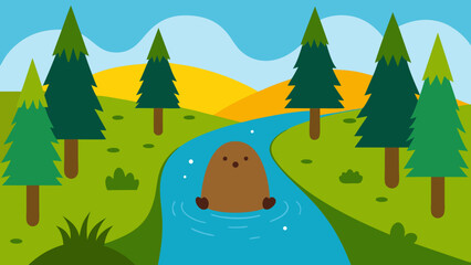 Obraz premium Cartoon Beaver Dam Small Stream Forest Wildlife Scene Illustration