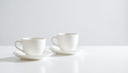 Fototapeta premium Two elegant white coffee cups with saucers arranged on a clean white surface, against a bright white backdrop, evoking simplicity and warmth.
