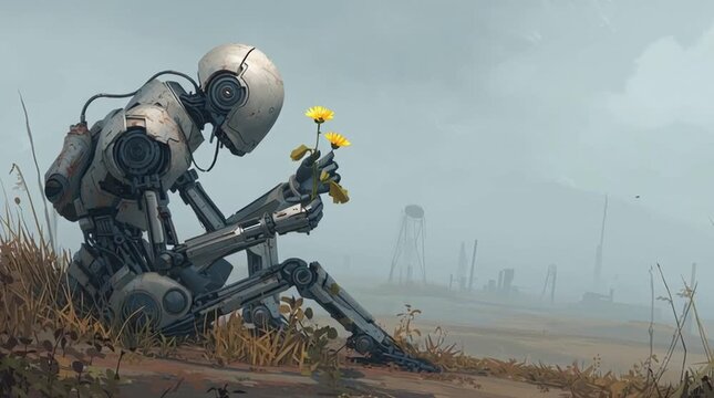 Solitary Robot Contemplates a Flower in a Post-Apocalyptic Landscape