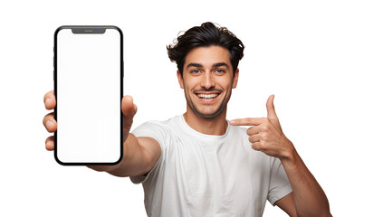 Smiling handsome man in white t-shirt presenting a blank smartphone screen in hand isolated on