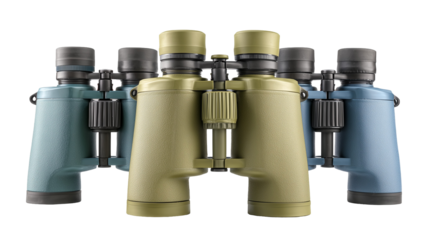 Several pairs of binoculars standing upright