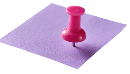 A vibrant pink pushpin in the center of a square, purple sticky note