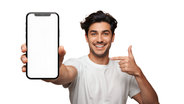 Smiling handsome man in white t-shirt presenting a blank smartphone screen in hand isolated on - Powered by Adobe