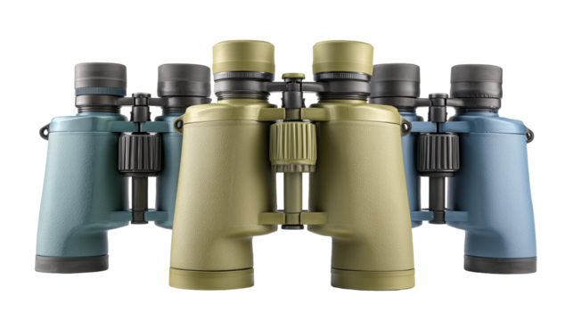 Several pairs of binoculars standing upright