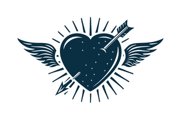 Winged Heart with Arrow and Rays on White Background Romantic Symbol