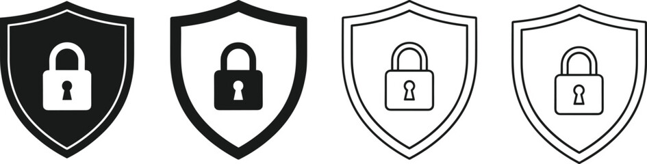 Shield padlock icons in solid and outline styles, cybersecurity, privacy, secure access, data protection, security symbol vector design set