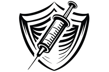Syringe on Shield Icon in Black and White