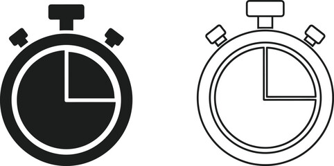 Stopwatch icons in solid and outline styles, time tracking, timer, countdown, measurement, vector symbols, black silhouette, outline graphic design