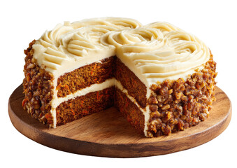 A sliced carrot cake, adorned with a creamy, light-tan frosting, sits on a wooden platter.  The cake has two layers, visible inside the cut, with a topping of chopped nuts