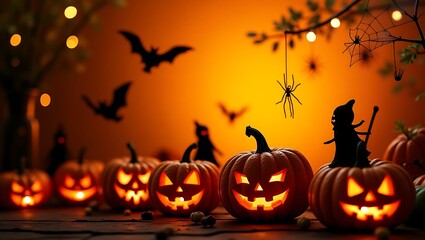 Glowing Jack-o'-Lanterns and Halloween Decorations in an Orange-toned Setting