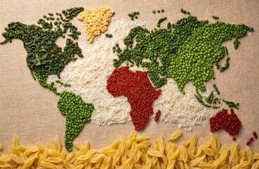 Creative world map crafted from assorted food ingredients like rice, pasta, lentils, herbs. Unique culinary art piece global flavors, textures, representing continents with vibrant green peas, red