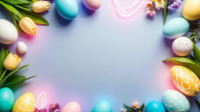 Festive easter border with colorful eggs and tulips framing a pastel purple background.