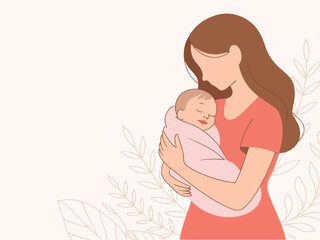 A woman holding a baby in her arms. Pregnancy and breastfeeding concept. Vector illustration.