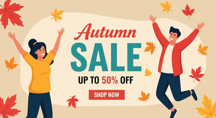 Flat illustration of autumn sale banner with happy man and woman in seasonal outfits jumping among falling leaves, promoting shopping discounts, retail offers, and festive fall promotions