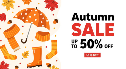 Flat illustration of autumn sale banner with umbrella, scarf, socks, boots, acorns, and falling leaves, perfect for seasonal shopping promotions, discounts, and retail advertising design