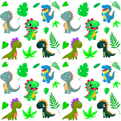 Cute Dragons and Leaves Pattern Vector