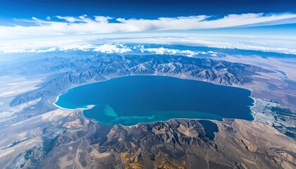 High-altitude view of a large, vibrant blue lake surrounded by arid mountains and a dramatic sky