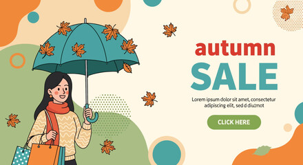 Flat illustration of autumn sale shopping banner with woman holding umbrella, autumn leaves, and shopping bag, perfect for seasonal promotions, retail marketing, and discount offers
