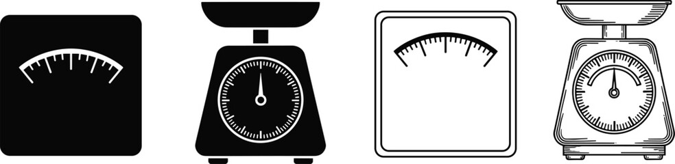 Weighing scale icons in solid and outline styles, analog kitchen and bathroom scales, measurement tool, weight check, health, diet vector set