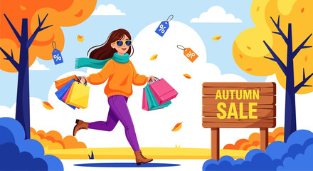 Flat illustration of autumn sale shopping with happy woman carrying colorful bags, seasonal discount tags, and fall leaves, perfect for promotion, marketing, retail, and seasonal sale advertising