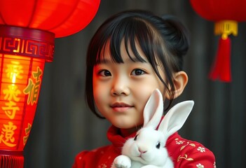 Retro styled portrait featuring a young Asian subject with red Chinese lantern and white rabbit, celebrating Mid-Autumn or Chinese New Year,  autumn,  Chinese New Year