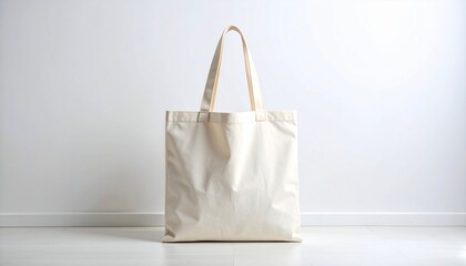 Simple beige tote bag made of cotton fabric on a white background