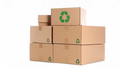 Obraz premium Recycle symbol on stacked cardboard boxes with a plain white background, suggesting eco-friendly packaging and sustainability