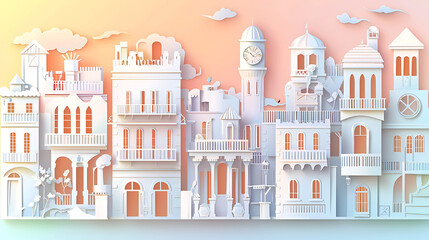 Fototapeta premium Whimsical Paper Cityscape Illustration with Architectural Details and Soft Sunset Lighting