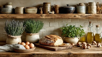 Fototapeta premium Rustic farmhouse kitchen counter with fresh bread, eggs, olive oil, herbs and mushrooms symbolizing organic food, slow living and healthy homemade lifestyle