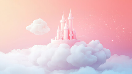 Enchanting Castle on a Cloud in a Dreamy Pink Sky with Stars