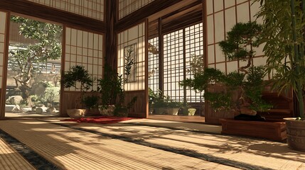 Obraz premium Zen japanese interior design with bonsai trees and tatami mats for meditation and relaxation space style