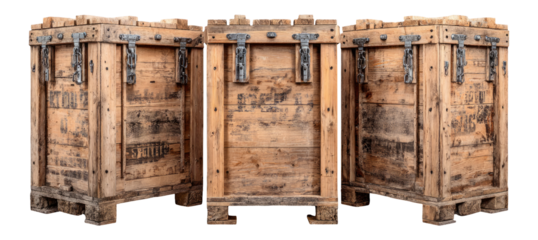 Isolated set of three vintage wooden crates on transparent background for design use