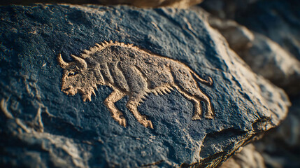 Bison Rock Carving Sculpture Art Illustration Ancient History Stone Nature Wildlife Animal Heritage Culture Prehistoric Engraving Depiction Texture Rural Landscape Monumental Detailed Patterns Design