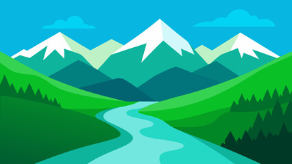 Stunning vibrant green valley with a river flowing from mountains