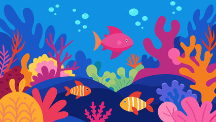Lively vibrant coral reef teeming with stylized sea creatures