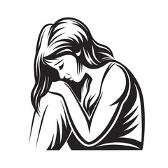 Woman Seated Embracing Knees in Melancholy on White Background Art