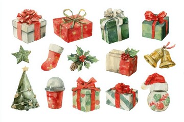 set of watercolor and gouache christmas gifts, decorations and ornaments