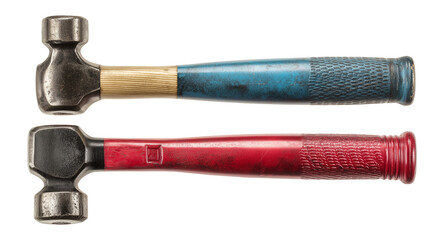 Two ball peen hammers, red and blue